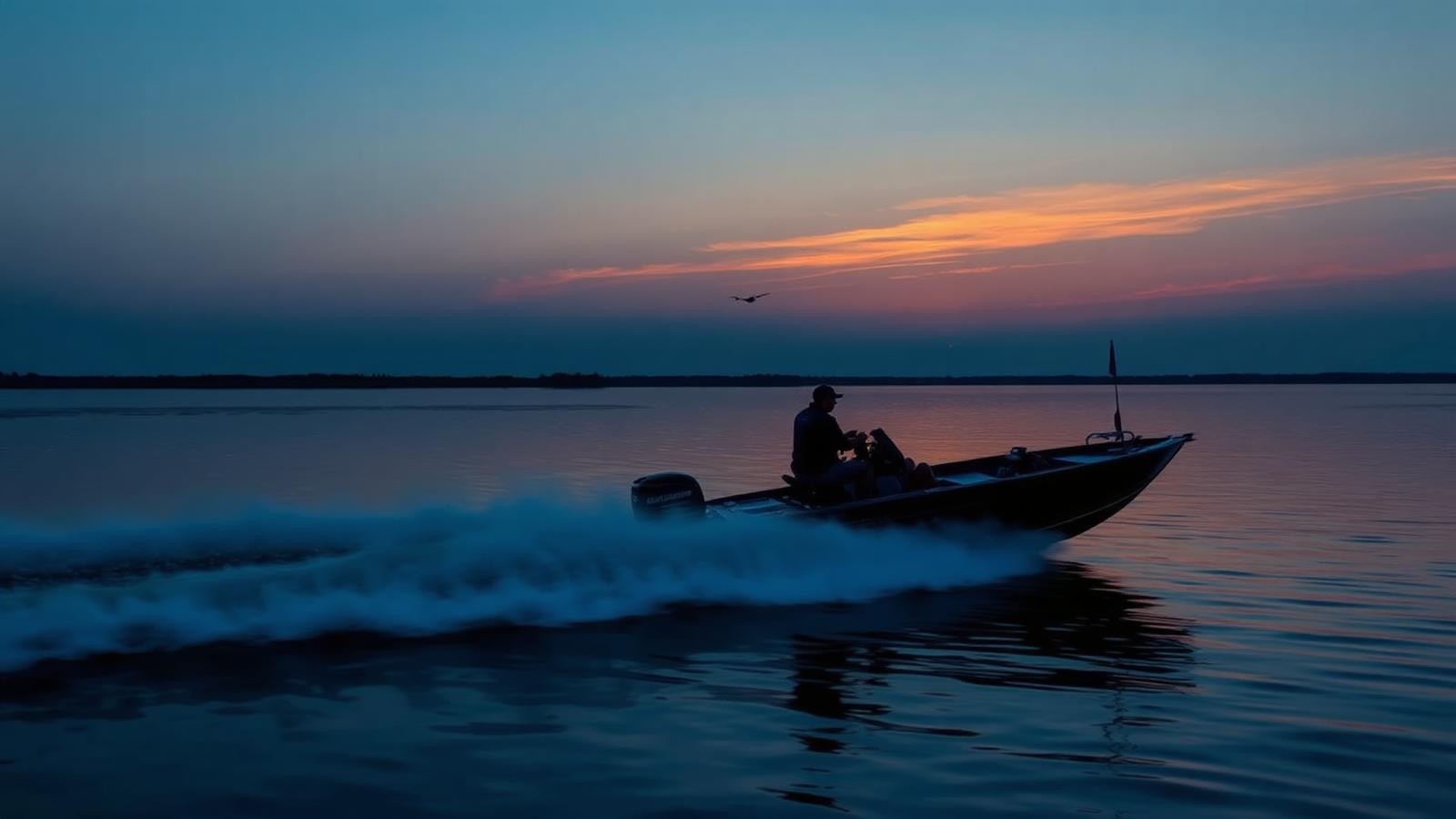 Bass boat crossing a Texas lake at sunrise