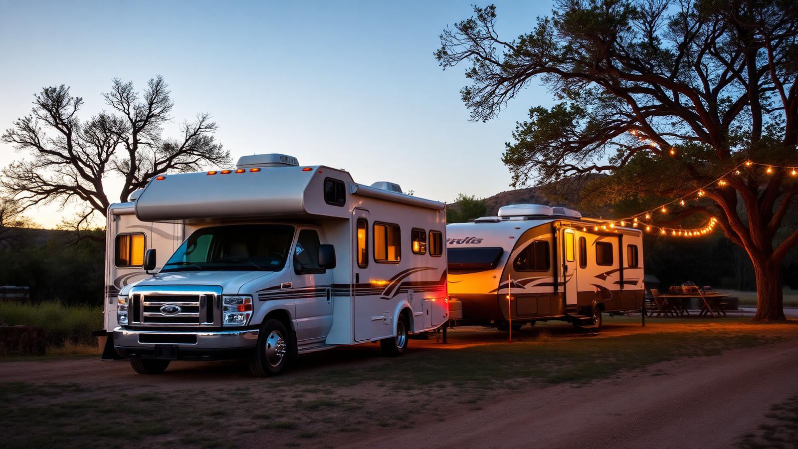 Motorhome and travel trailer parked at a Texas hill country campsite at dusk